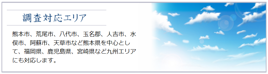 調査対応エリア(熊本市、荒尾市、八代市。玉名群など熊本県を中心に九州エリアにも対応)